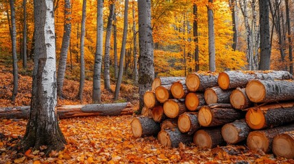 A beautiful autumn landscape showcasing stacked logs amidst vivid orange and yellow leaves in a serene forest setting