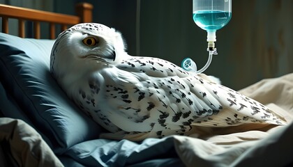 Wall Mural - Surreal graphic depiction of a serene white owl resting on a bed, sustained by an IV drip