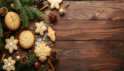 Wall Mural - Delicious Christmas cookies and fir branches on wooden table, fl