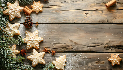 Canvas Print - Delicious Christmas cookies and fir branches on wooden table, flat lay. Space for text