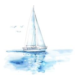 Wall Mural - Watercolor Illustration of a Sailboat on a Calm Sea.