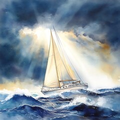 Wall Mural - Sailboat Navigating Rough Seas with Sun Rays Breaking Through Clouds.