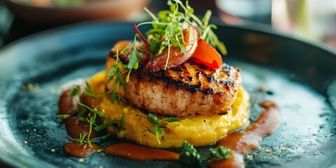 Wall Mural - Macro shot of a beautifully plated local dish, intricate presentation and vibrant colors reflecting culinary artistry