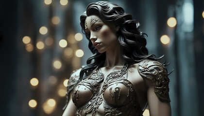 A close-up of a glamour sculpture of a woman. It is a muscular mythical hero with a complex design and many details