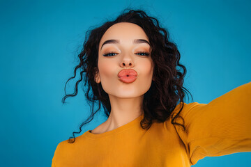 Wall Mural - Photo portrait of nice young lady take selfie photo kissing lips dressed stylish yellow garment isolated on blue color background