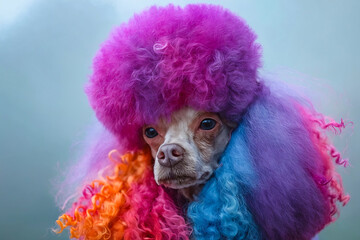 Sticker - A dog with colorful hair and a rainbow wig