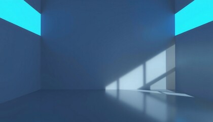 Empty room with blue walls and bright light shining through two windows.