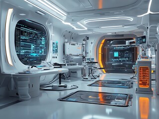 Aufkleber - Futuristic laboratory interior with white walls, glowing screens, and advanced equipment.