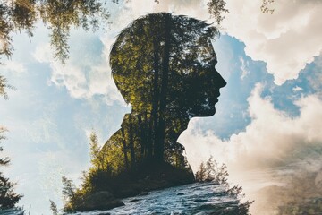 Double exposure with nature, a silhouette filled with the sky, trees, and flowing water