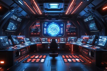 Poster - Futuristic spaceship control room with a large blue monitor displaying data, surrounded by consoles and red lighting.