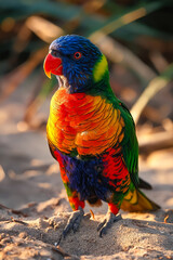 Poster - A colorful bird standing on top of a sandy ground