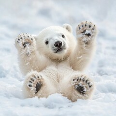 Wall Mural -   A polar bear sits in the snow, its paws raised high in the air