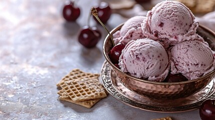   A bowl of ice cream and cherries sits beside crackers and a plate containing crackers