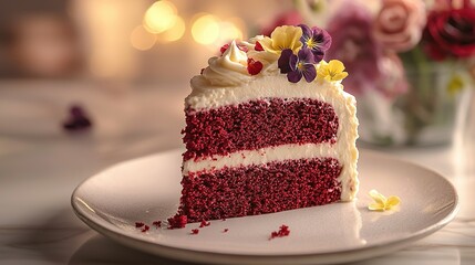 Wall Mural -   Red velvet cake with white frosting, flowers on the plate and a vase of flowers nearby