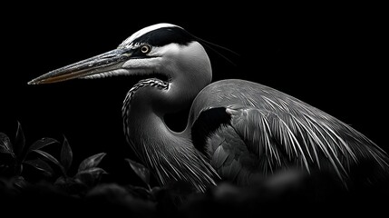 Canvas Print -   A photo of a bird with a long neck and legs, showing its wings spread wide open in black and white