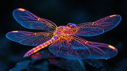 Sticker -   A close-up photo of a dragonfly perched on a plant, showcasing its vibrant blue and yellow wing glow