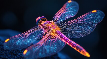 Sticker -   A dragonfly on a black background with a red and yellow glow on its wings