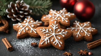 Poster -   A group of cookies adorned with white frosting sits on a table beside cinnamon sticks and a festive Christmas tree