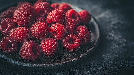 Wall Mural -   A bowl brimming with raspberries rests on a black table, flanked by additional raspberries