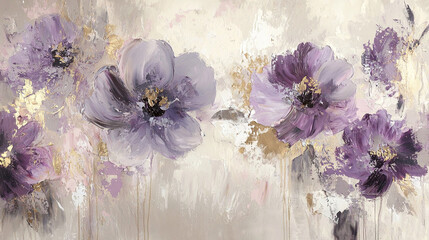   A stunning artwork of purple blossoms against a creamy backdrop, adorned with gold leaf accents on the right