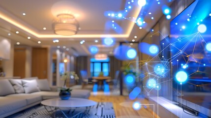 Wall Mural - modern living room interior with a network connection overlay. the image represents the concept of a