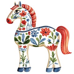 Wall Mural - Watercolor Illustration of a Floral Decorated Wooden Horse.