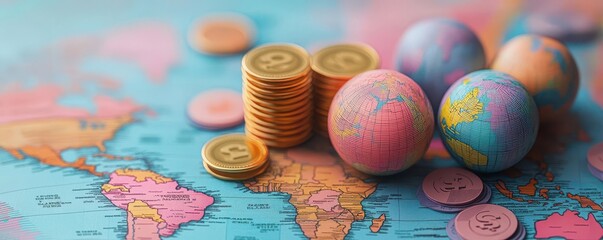 Wall Mural - colorful coins and globes on a world map, symbolizing global finance and investment opportunities in