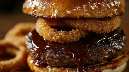  A detailed image of a juicy hamburger on a plate, surrounded by golden onion rings, with a perfectly balanced and drool-worthy sauce drizzle