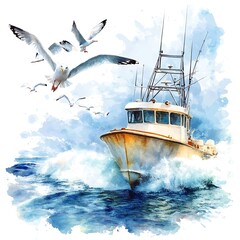 Wall Mural - Watercolor painting of a fishing boat sailing through the ocean with seagulls flying above.