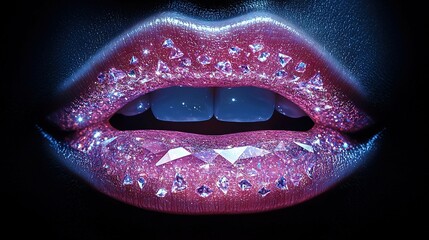 Poster -   Close-up photo of a person's mouth with glitter on the lips and tongue