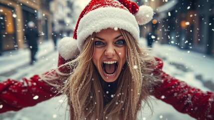 Canvas Print - A woman in a red sweater and a santa hat is screaming in the snow