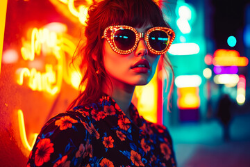 Canvas Print - A woman wearing a floral shirt and sunglasses in front of a neon sign