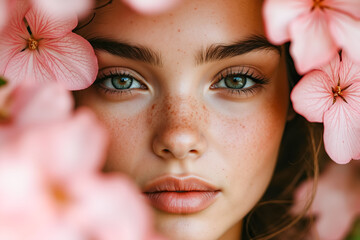 Wall Mural - A woman with freckles and pink flowers in her hair