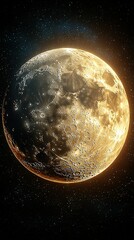 Poster -   A zoomed-in image of a giant yellow moon in the dark sky, surrounded by stars in the foreground and an expansive starry background