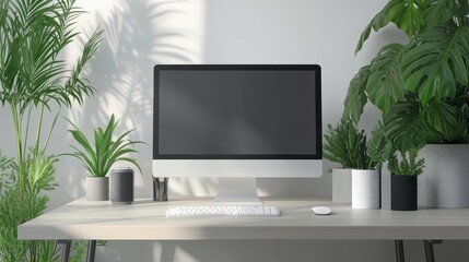 Wall Mural - Modern Home Office Workspace with Computer and Indoor Plants on Wooden Desk in Bright Room