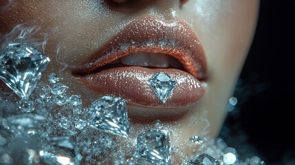 Poster -   A close-up of a woman's face with diamonds on her lips and a diamond ring on her finger