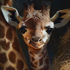 Sticker -   A close-up of a giraffe's face with a baby giraffe standing beside it