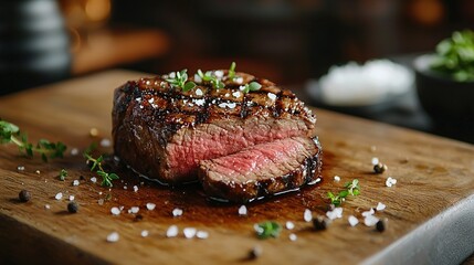 Poster -   Steak with sauce and parsley on cutting board