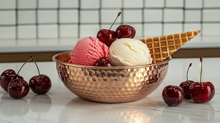 Wall Mural -   A bowl of ice cream, cherries, and waffle cones on a white countertop with a tile wall in the background