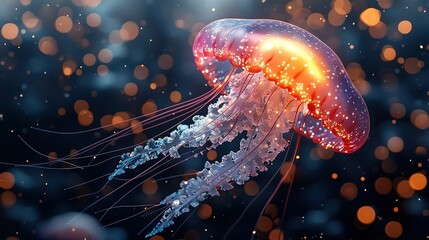   A close-up of a jellyfish on a blurred background with light filtering from above