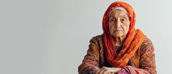 Elderly woman in traditional dress, seated in a sparse room, her sad gaze softened by the strength and dignity in her posture