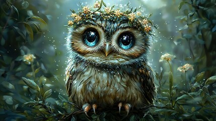 Canvas Print -   A painting of an owl wearing a flower crown while perched on a forest branch