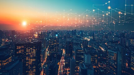 Cityscape with Connected Network at Sunset