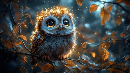 Poster -  A painting depicts an owl perched on a leaf-adorned branch, with luminescent eyes in a glowing background