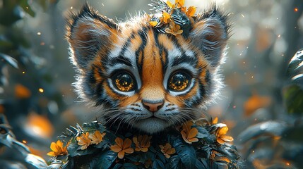 Canvas Print -   Close-up tiger face, flowers on chest, leafy background