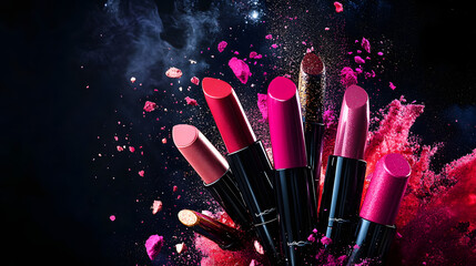 Sticker - Lipsticks and eyeshadows exploding in vibrant colors against a dark background, capturing the dynamic motion of makeup products in a high-energy, dramatic scene