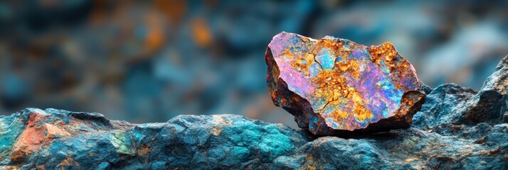 Vibrant copper ore with intricate mineral textures, softly blurred rocky terrain in the background, showcasing natural beauty and geological wonders