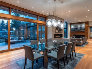 Modern dining room interior with large windows, hardwood floors, and a glass table set with chairs.