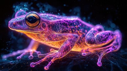 Poster -   Close-up image of purple frog on black background Blue and yellow light emanate from the frog's eyes, highlighting its face and creating depth perception The smooth skin