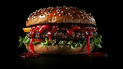 Wall Mural -   A hamburger with cheese, lettuce, and ketchup on a bun with ketchup on the side